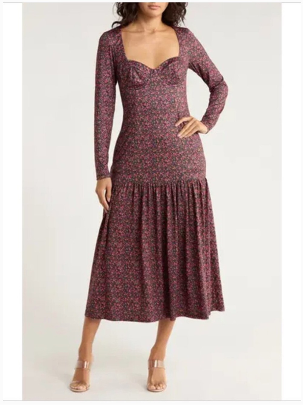 Hutch Long Sleeve Floral Midi Dress in Burgundy and Pink